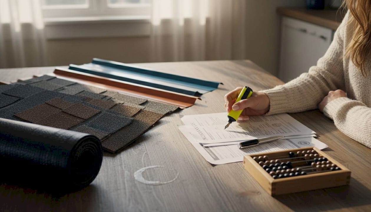 Close-up of roofing samples and insurance documents