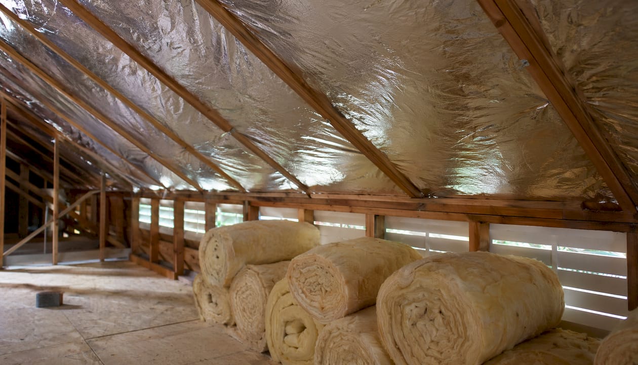 Close-up of attic radiant heat reflective foil