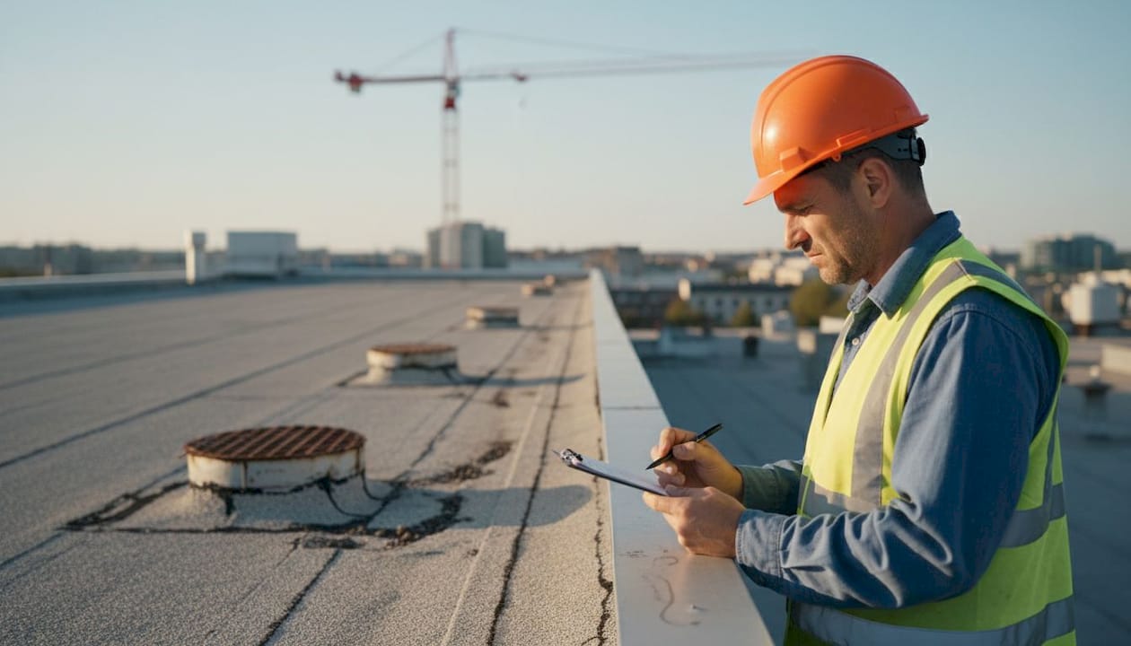 Roofer inspecting commercial roof section