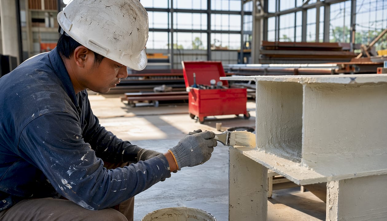 Hand applying intumescent coating to steel beam