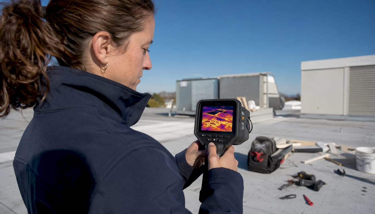 Hands holding thermal camera showing roof heat map