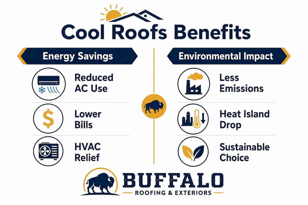 Infographic comparing energy and environmental benefits of cool roofs