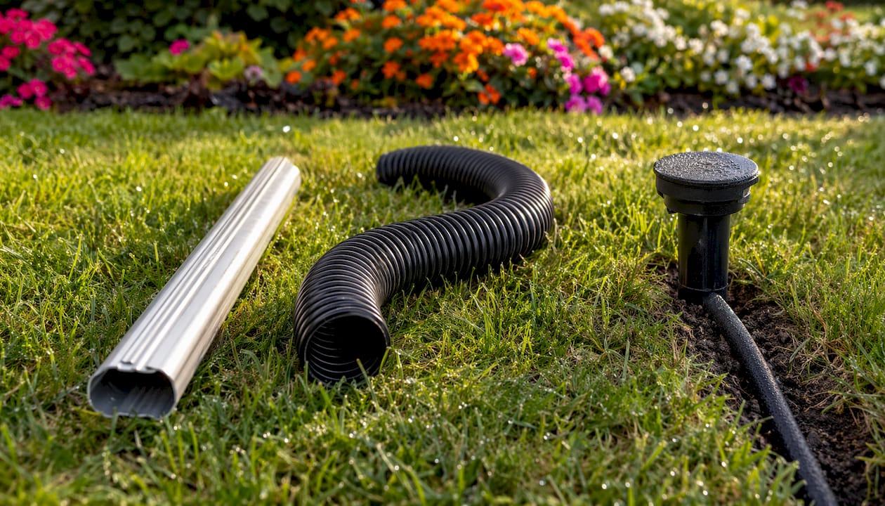 Three types of downspout extensions laid out