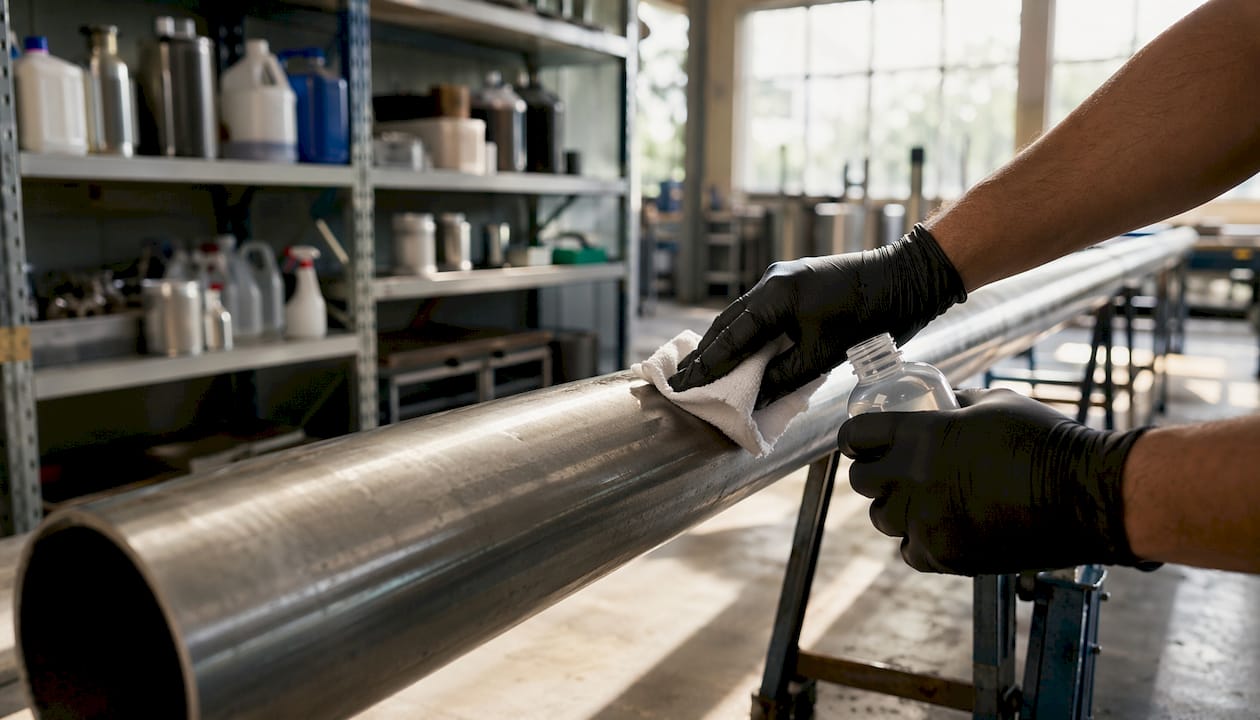 Hands solvent cleaning pipeline steel surface