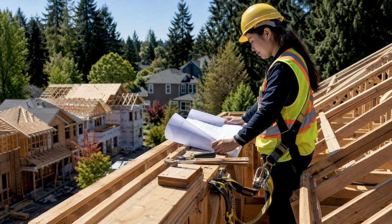 Construction supervisor examining roof framing on site