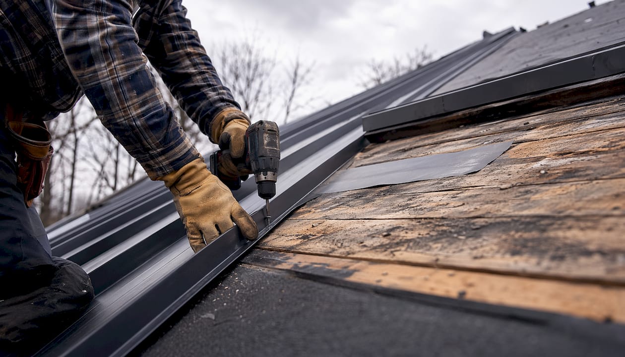 Hands installing metal roof panels with drill