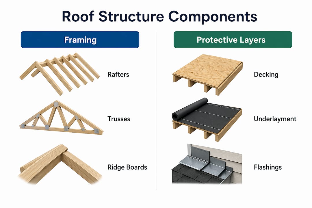 Infographic comparing roof framing and protective layers components