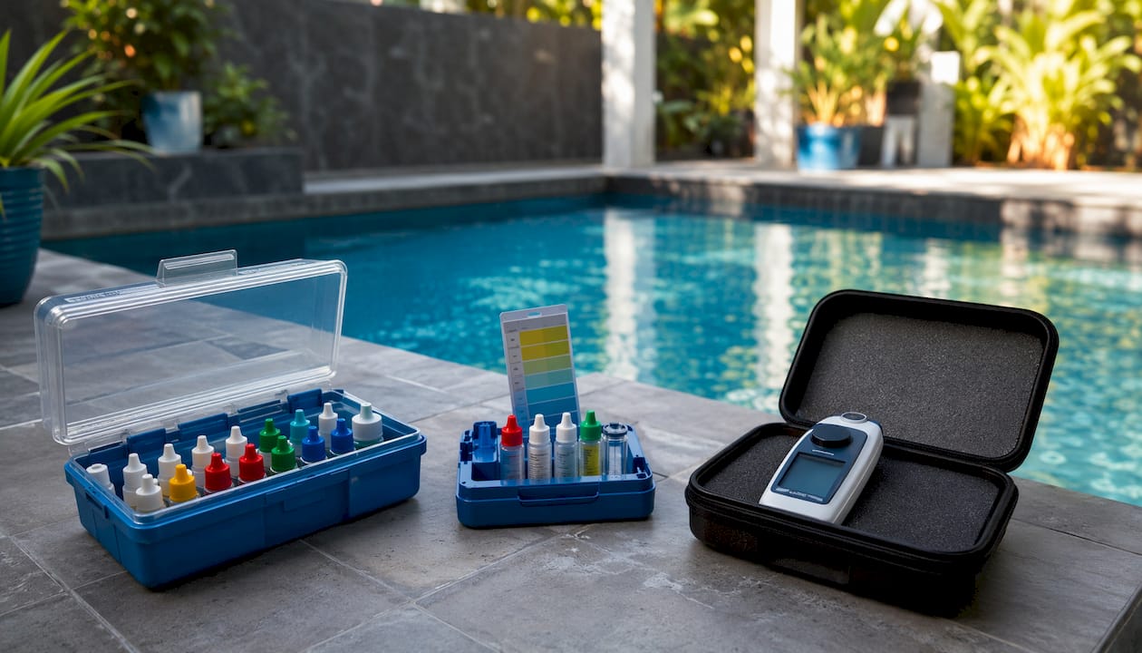 Various types of pool water test kits