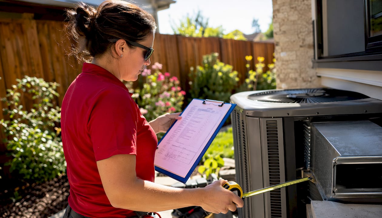 Installer reviewing AC load calculation inside home