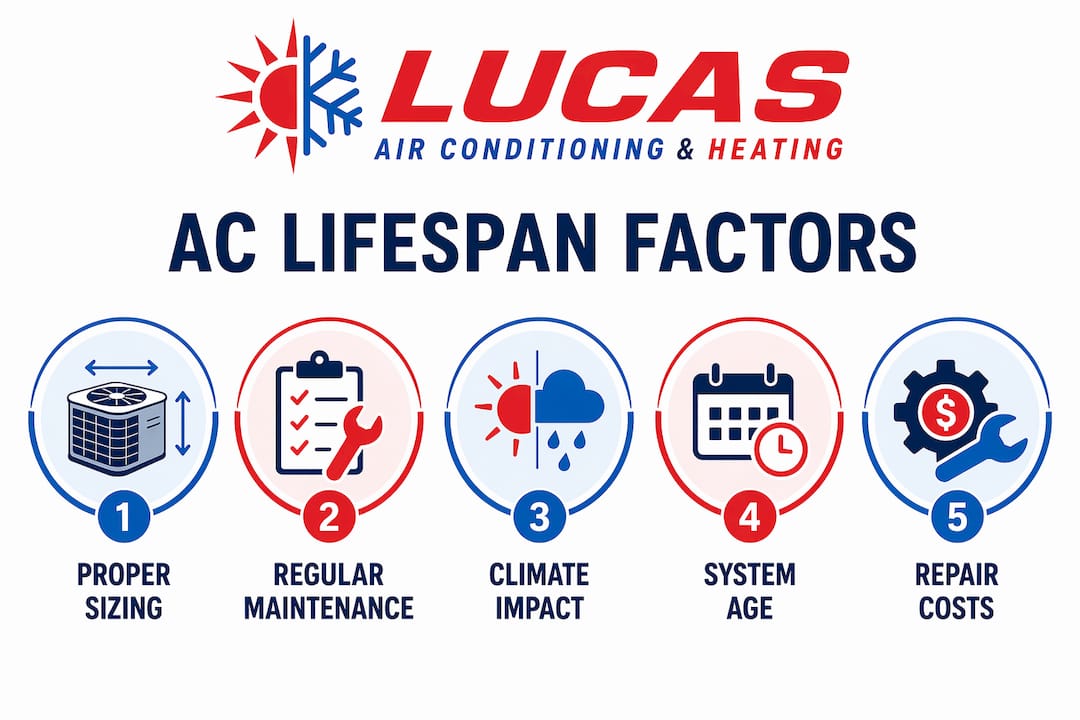 Infographic showing key factors affecting AC lifespan