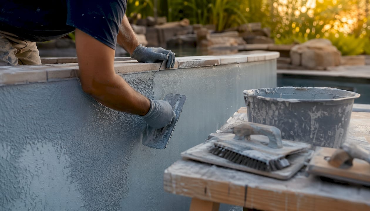 Technician applying plaster to pool surface