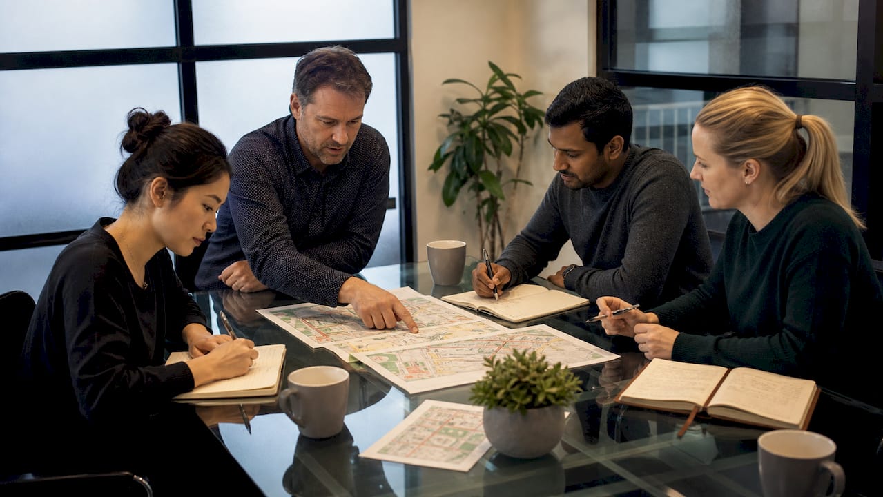 Staff reviewing evacuation plans around conference table