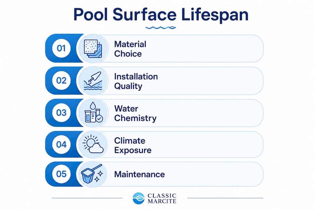 Infographic illustrating pool surface lifespan factors