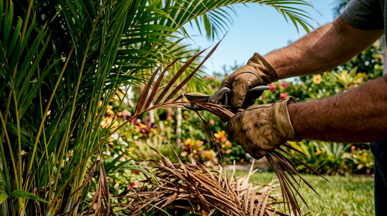 When to Trim Palm Trees in Florida: A Homeowner's Guide 2 Close-up of gloves cutting dead palm fronds