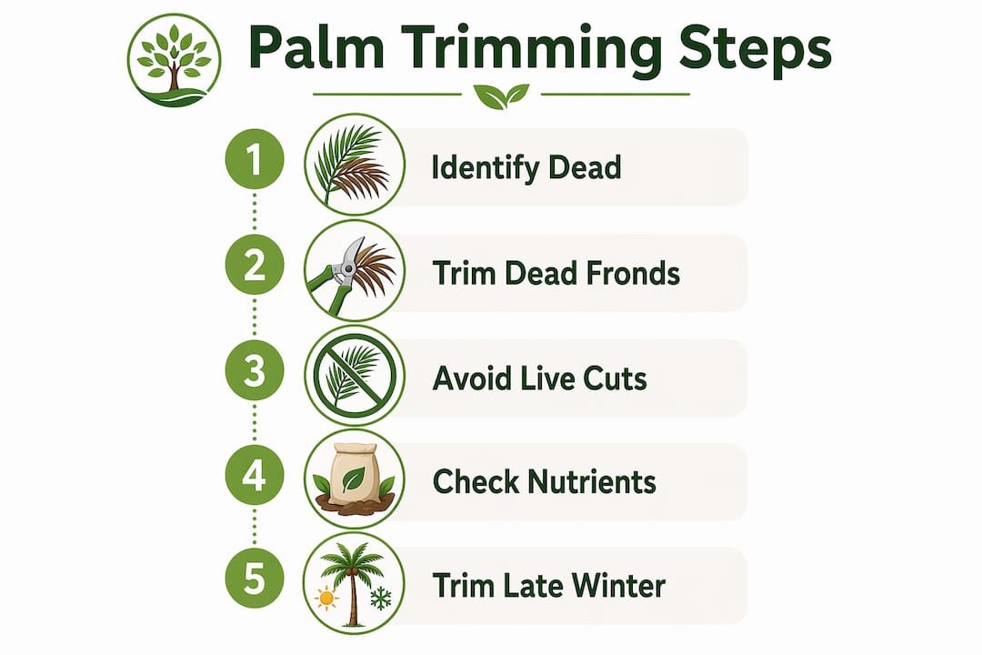 When to Trim Palm Trees in Florida: A Homeowner's Guide 1 Infographic showing five key palm trimming steps