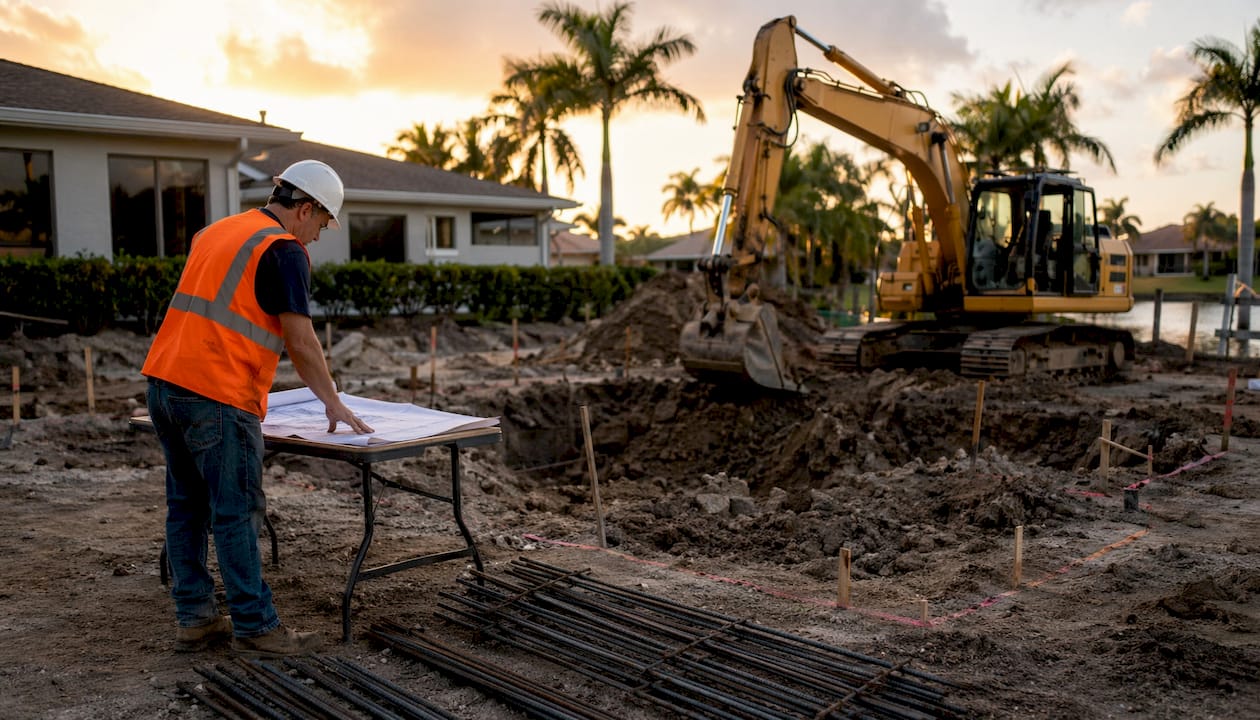 Pool excavation construction site in Florida backyard
