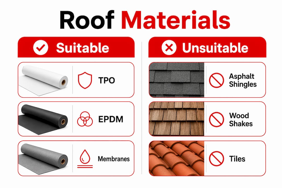 Infographic comparing roofing materials for low-pitch roofs
