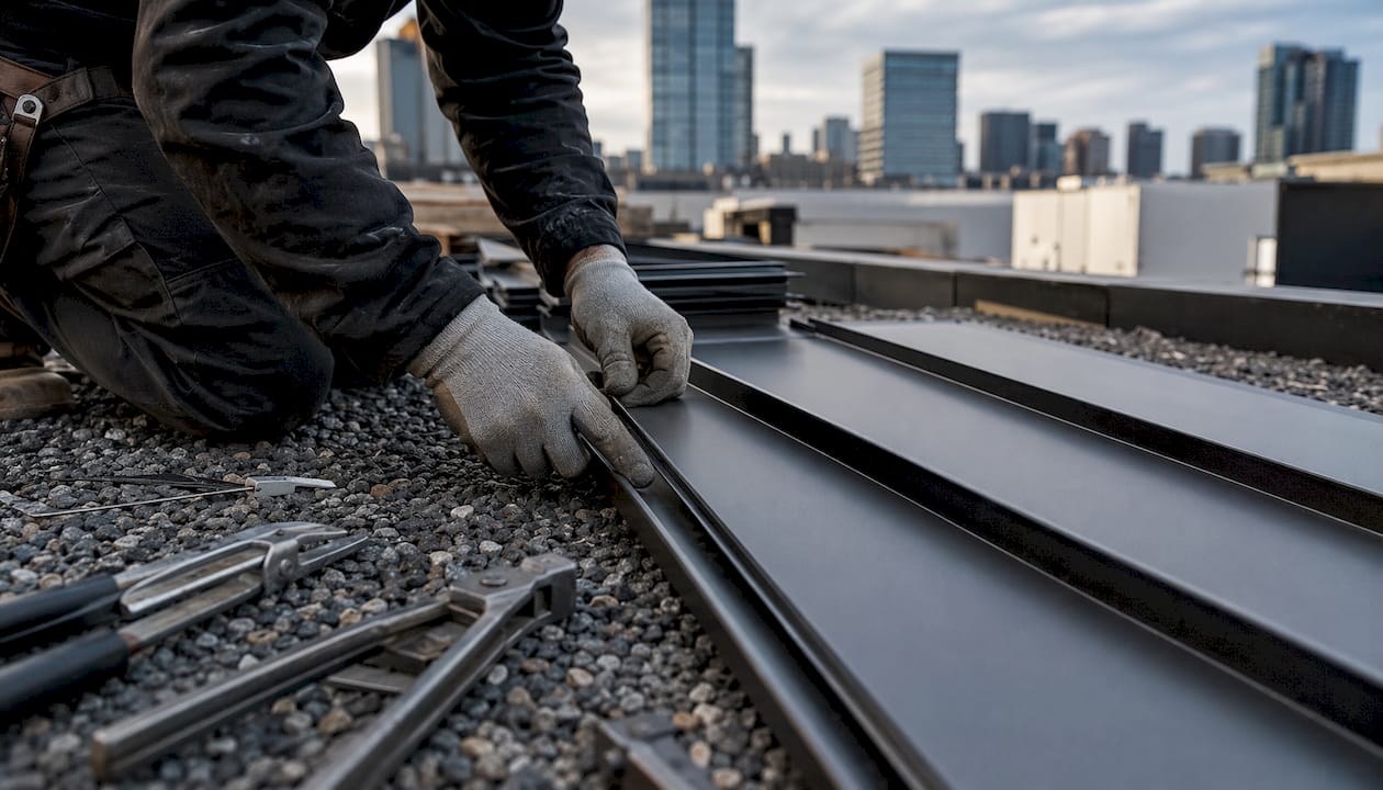 Close-up of roofing contractor handling metal roof seams