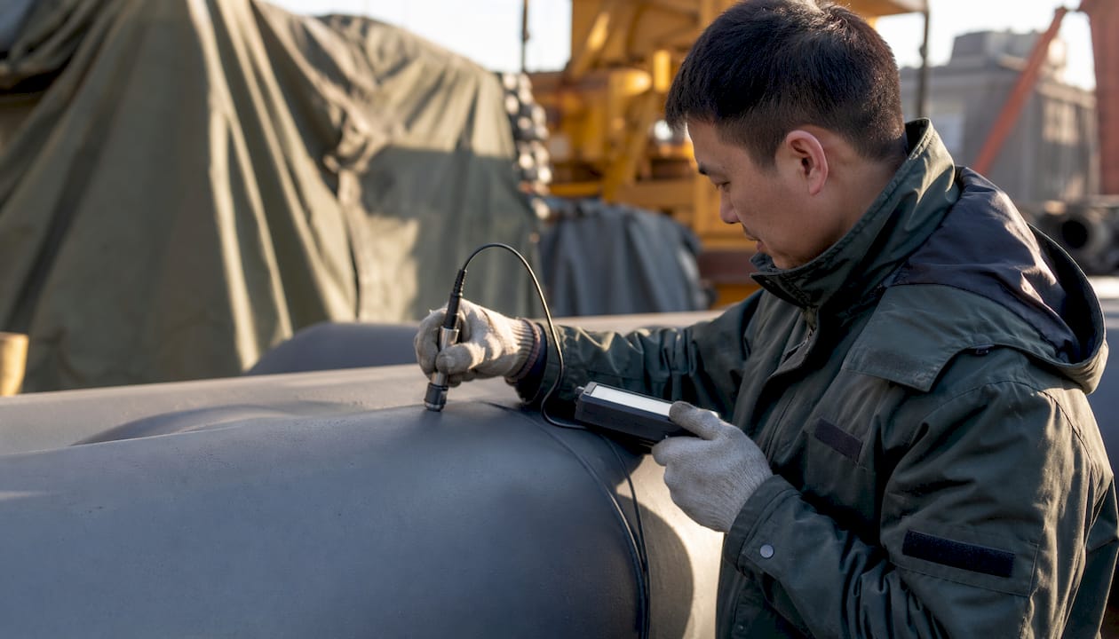 Technician measuring coating thickness on pipeline