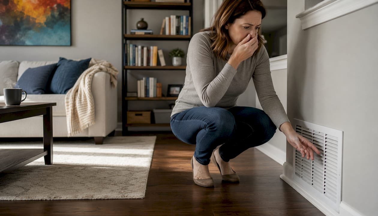 Homeowner smelling air vent for heat pump odor