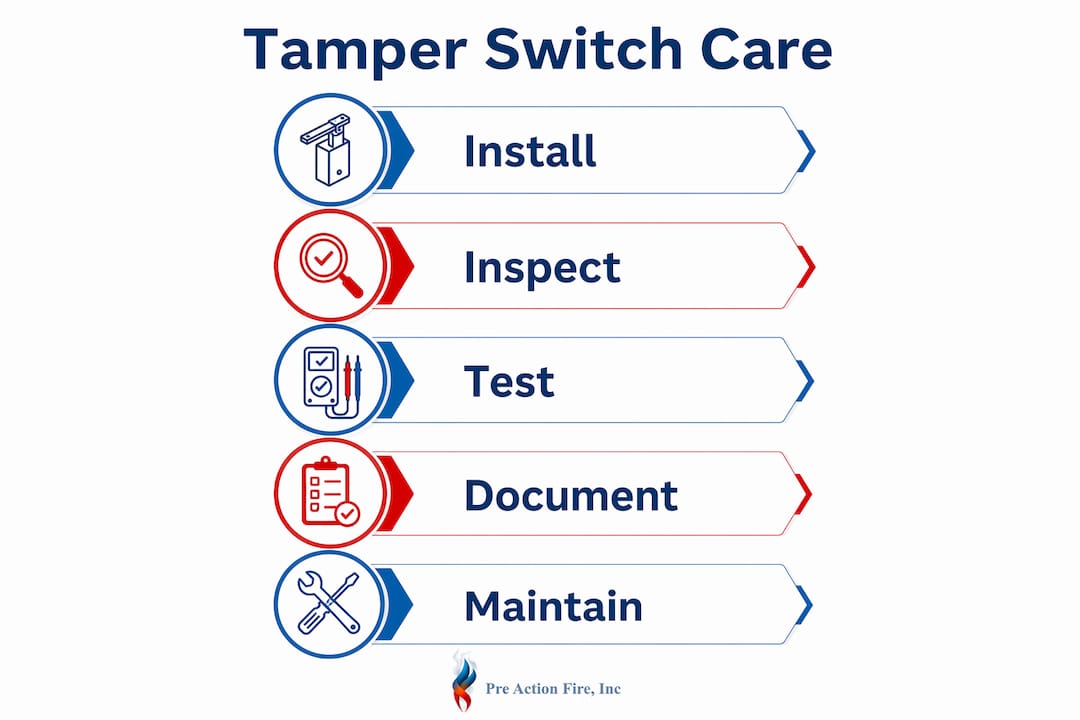 Infographic showing tamper switch installation and maintenance steps