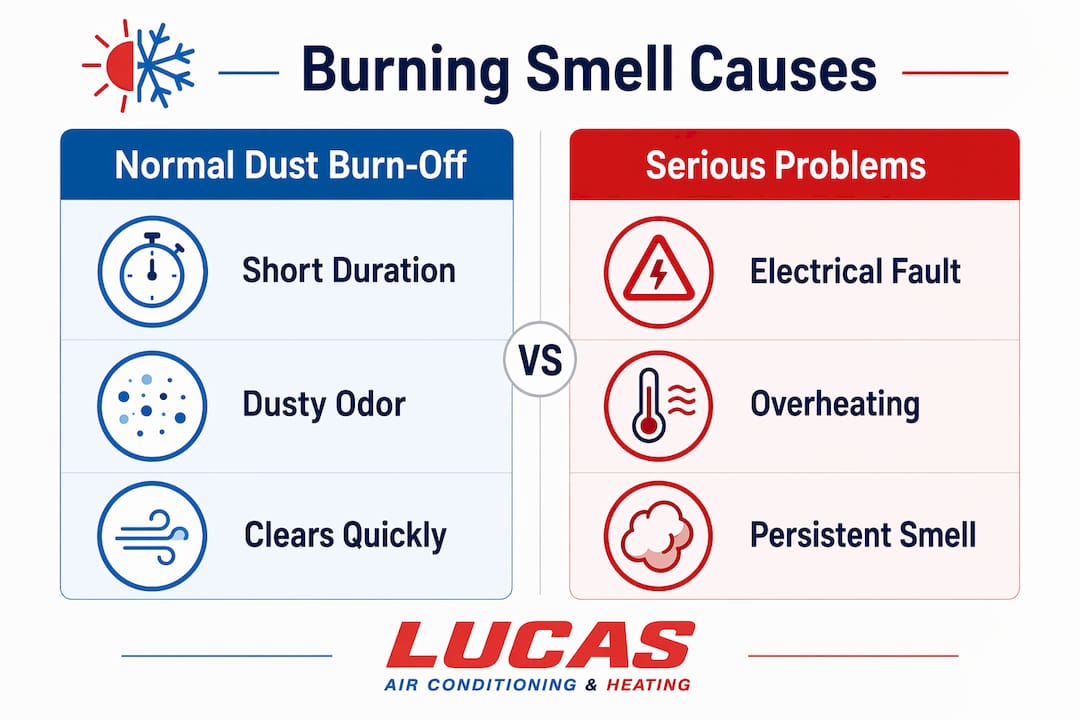 Infographic comparing normal dust burn-off and serious heat pump problems