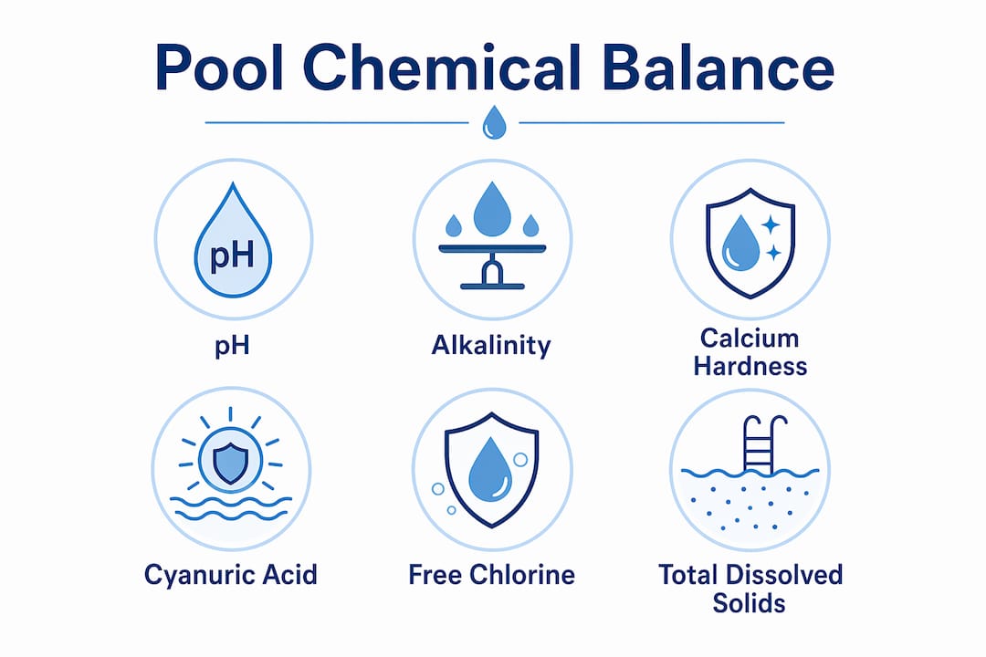 Infographic depicting key pool chemical balance parameters