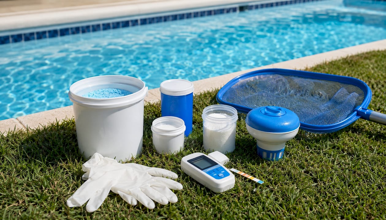 Pool chemicals and testing tools on pool deck
