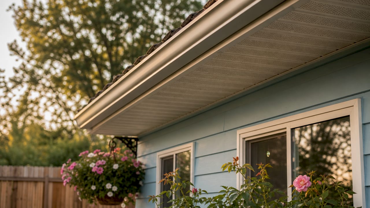 Home roofline with visible gutter soffit installation