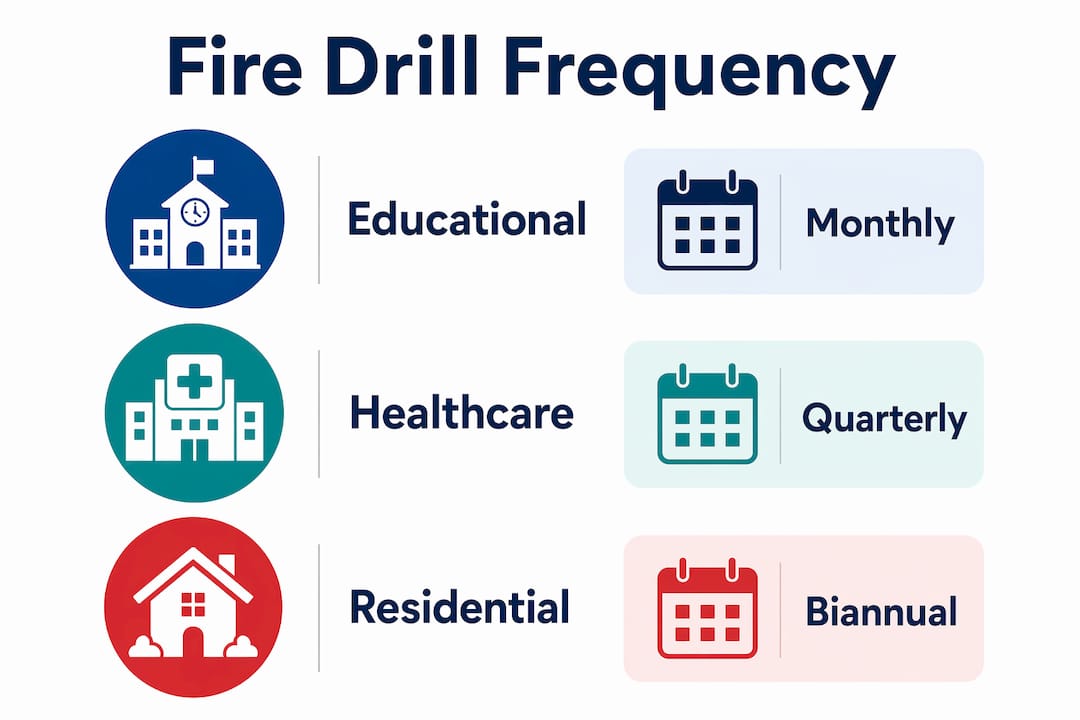 Infographic showing recommended fire drill frequencies by building type