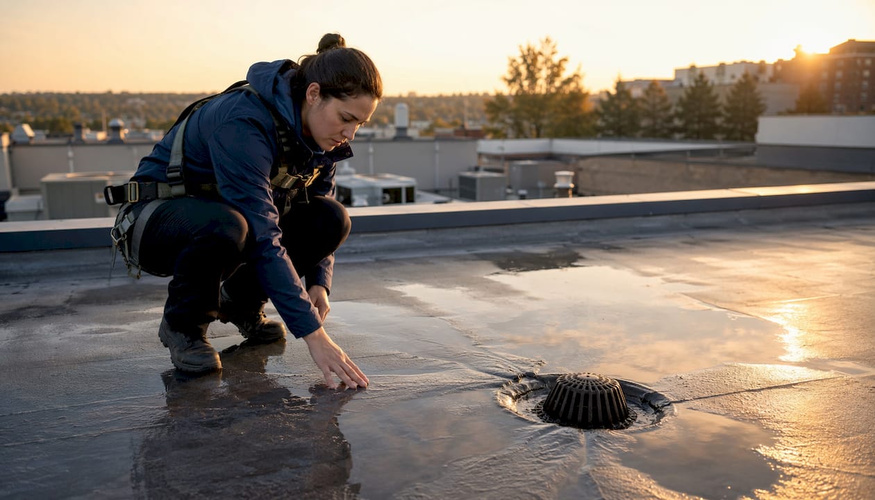 Inspector examining flat roof drainage pattern