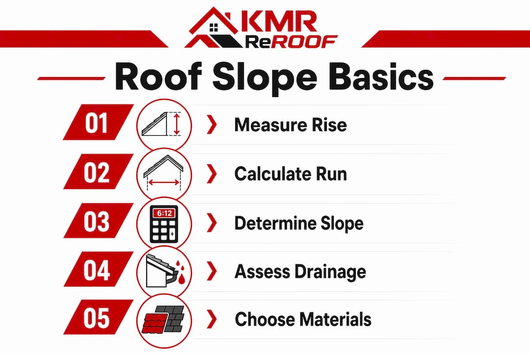 Infographic showing steps for roof slope measurement and considerations
