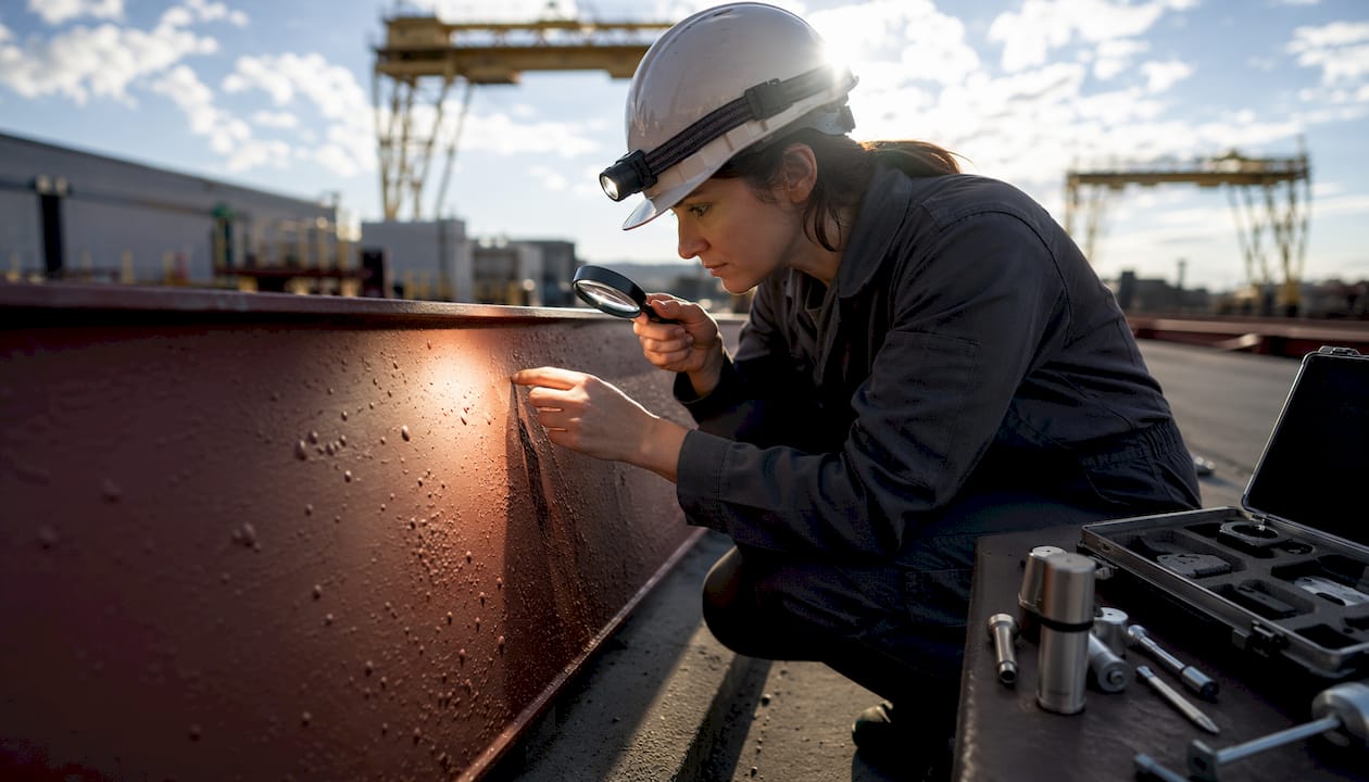 Technician inspecting paint blister defects closely