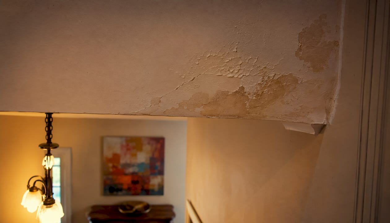 Interior ceiling water stains from roof leak