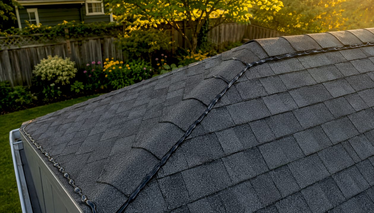 Close-up of adhesive on roof shingles edge