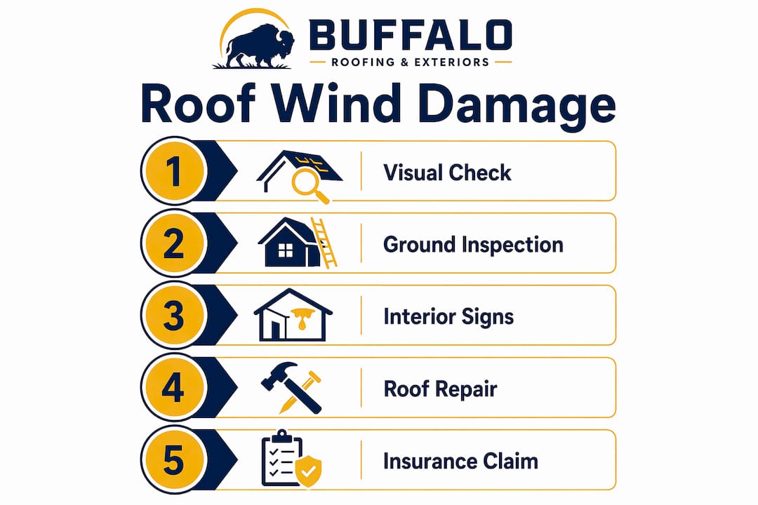 Infographic illustrating steps to inspect and handle wind damage