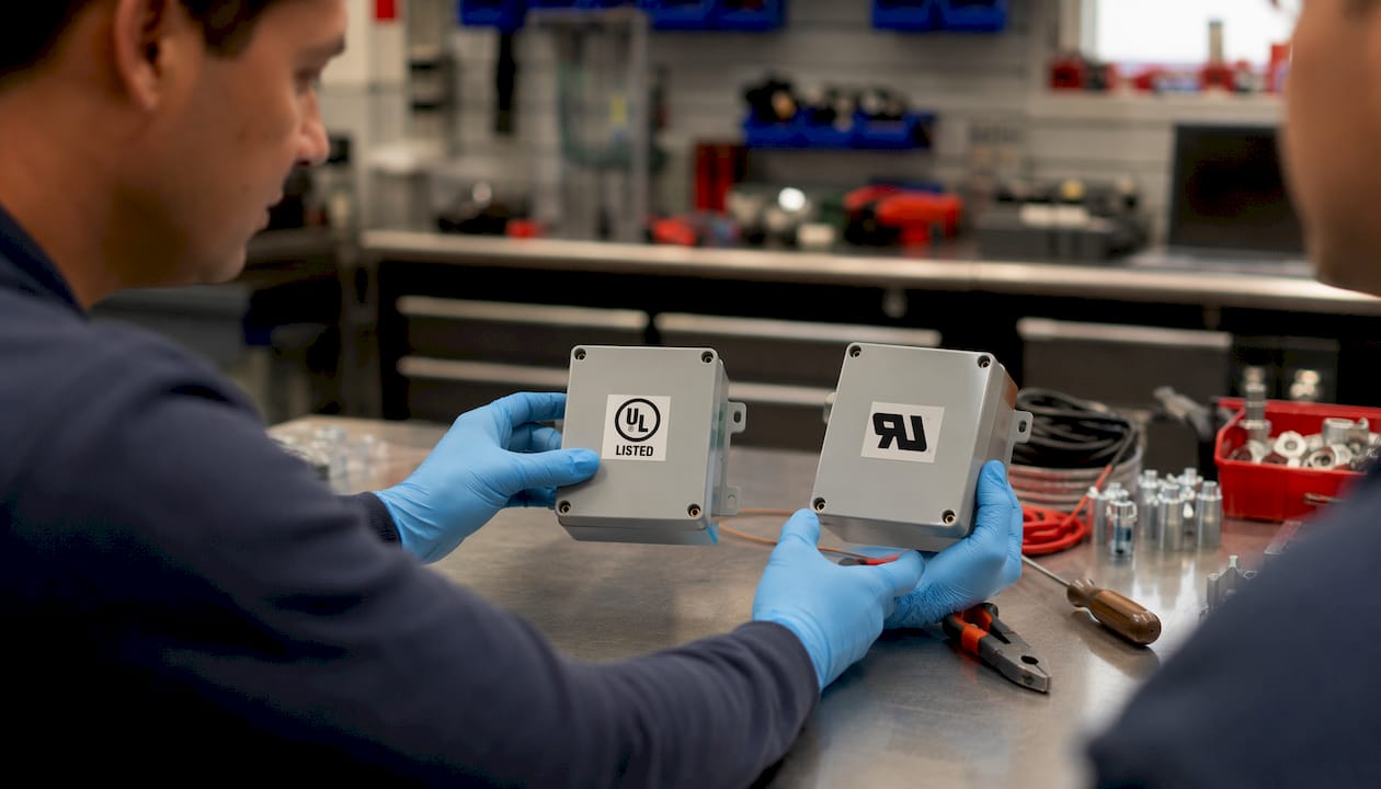 Hands comparing UL Listed and UL Recognized marked devices
