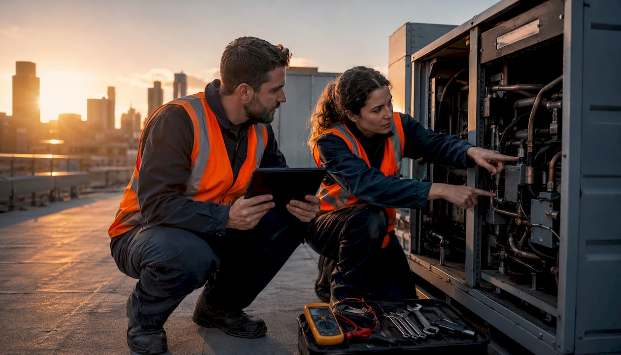 Technicians inspecting rooftop HVAC equipment