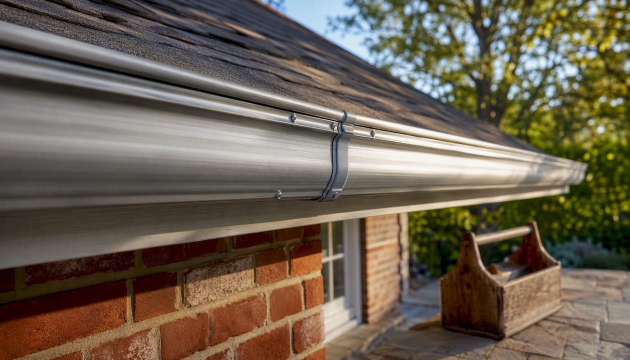 Close-up of aluminum gutter expansion joint segment
