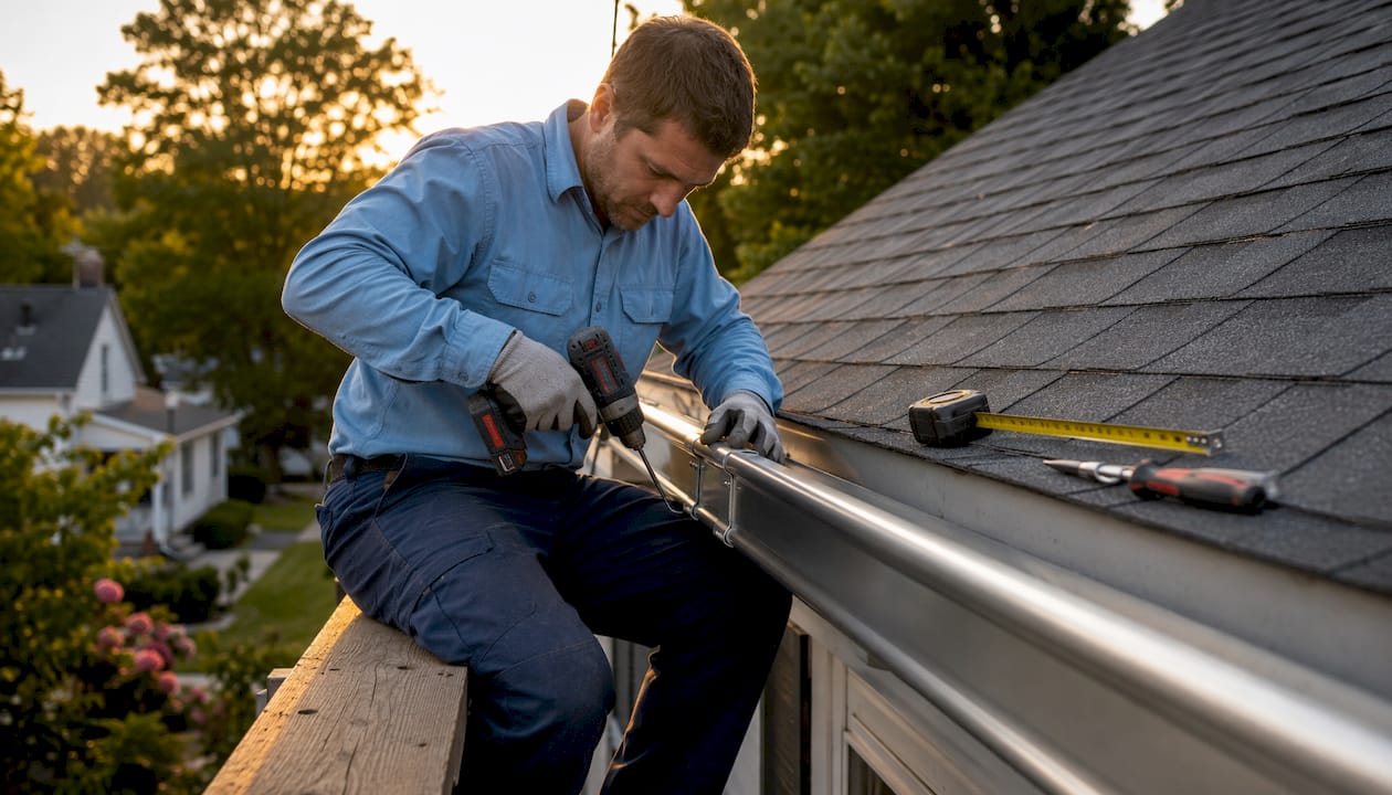 Overhead view of professional fitting gutter expansion joint