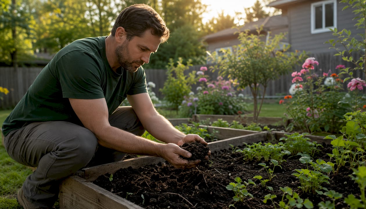 Hands holding healthy soil with saplings