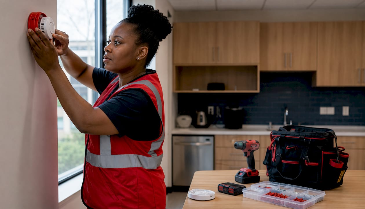 Hands installing fire alarm device in office hallway