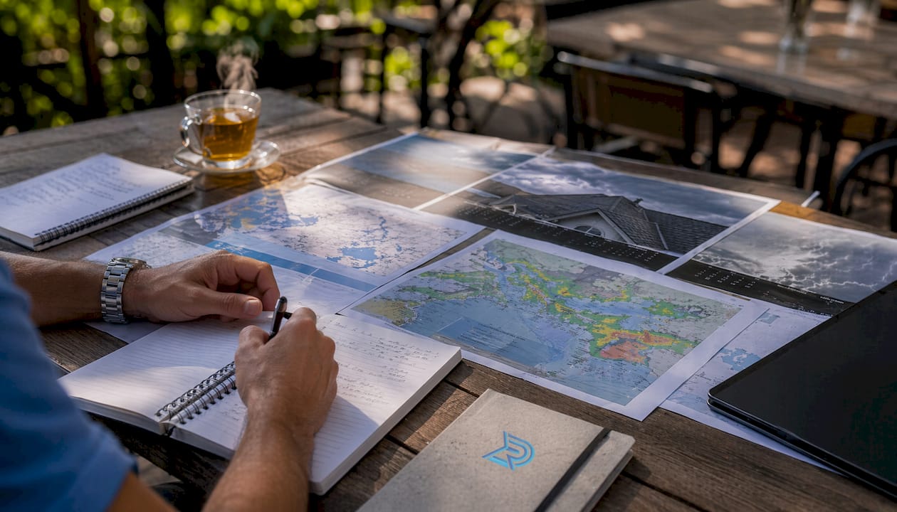 Overhead shot of roofing marketing planning materials