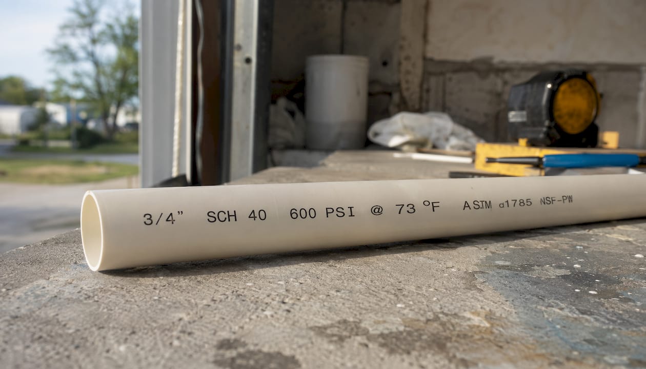 Close-up of PVC pipe markings and pressure ratings