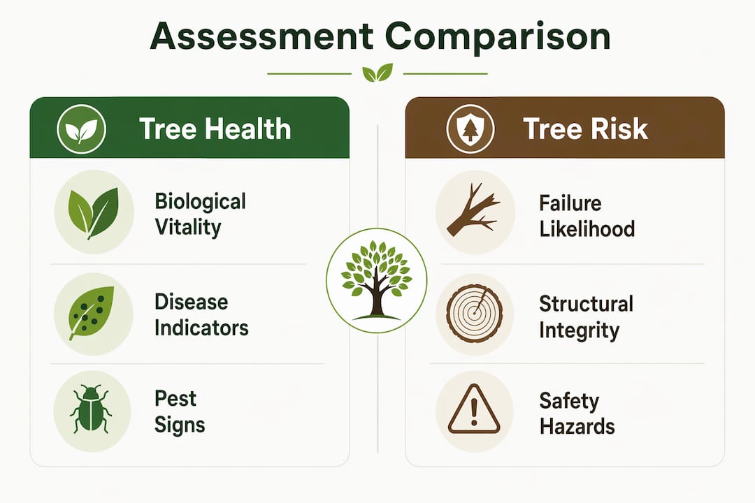 Tree Health Assessments: What Every Property Owner Should Know 3 Infographic comparing tree health and risk assessments