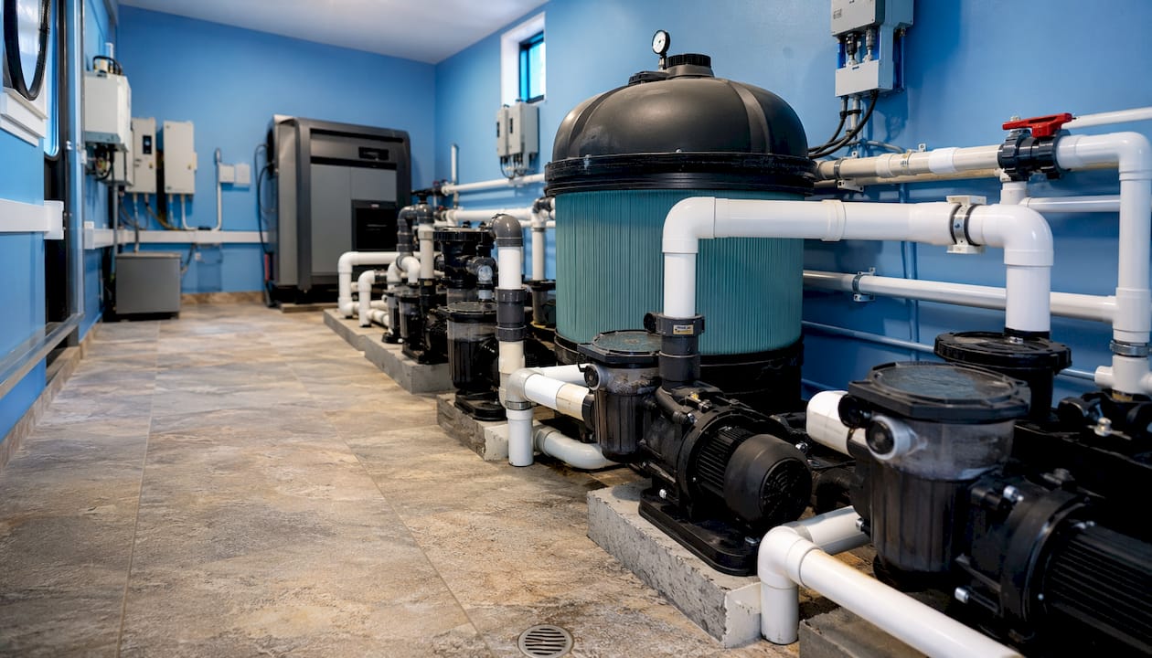 Overhead view of pool equipment room layout