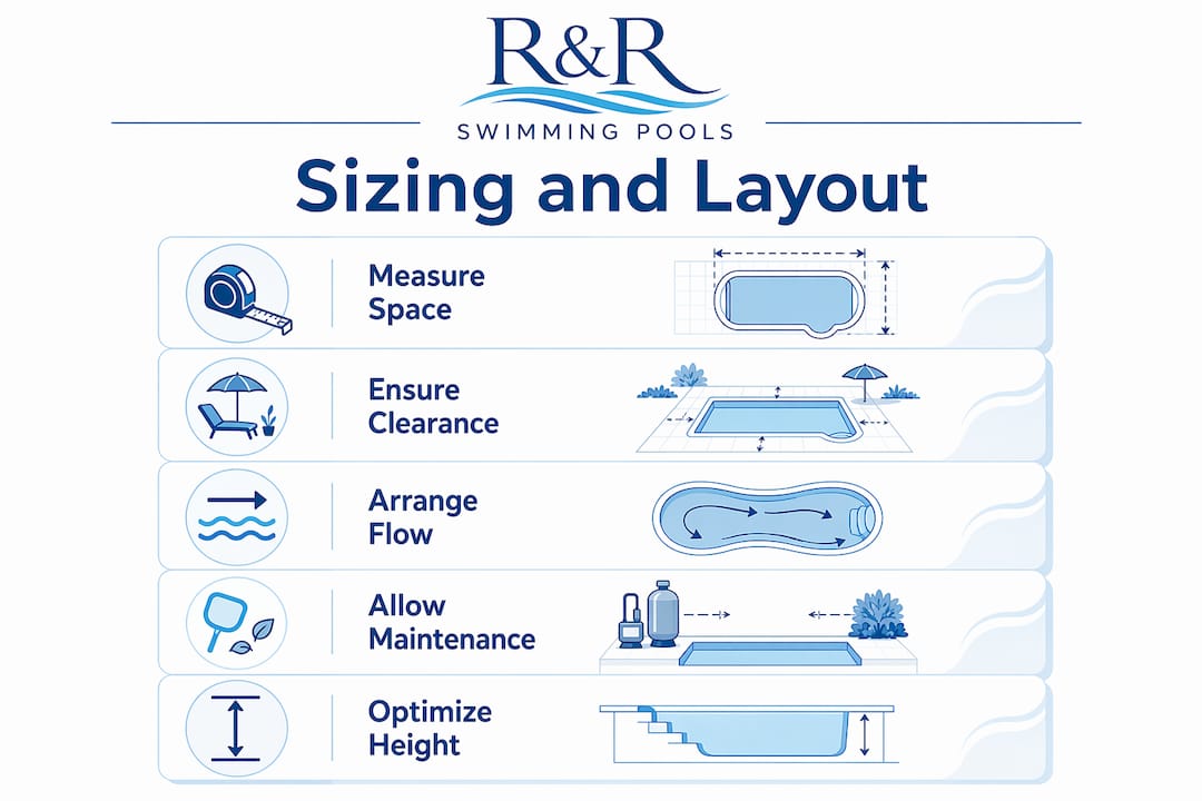 Infographic showing steps for sizing and layout of pool equipment rooms
