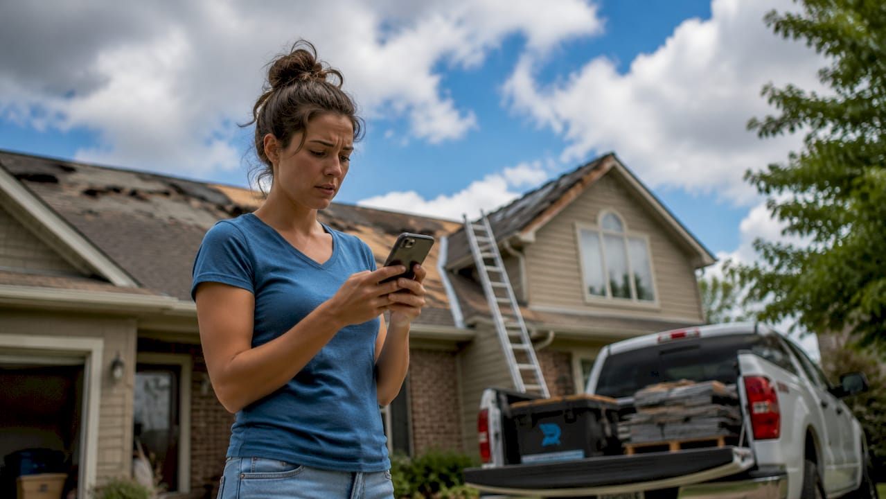 Homeowner searching roof damage services outdoors