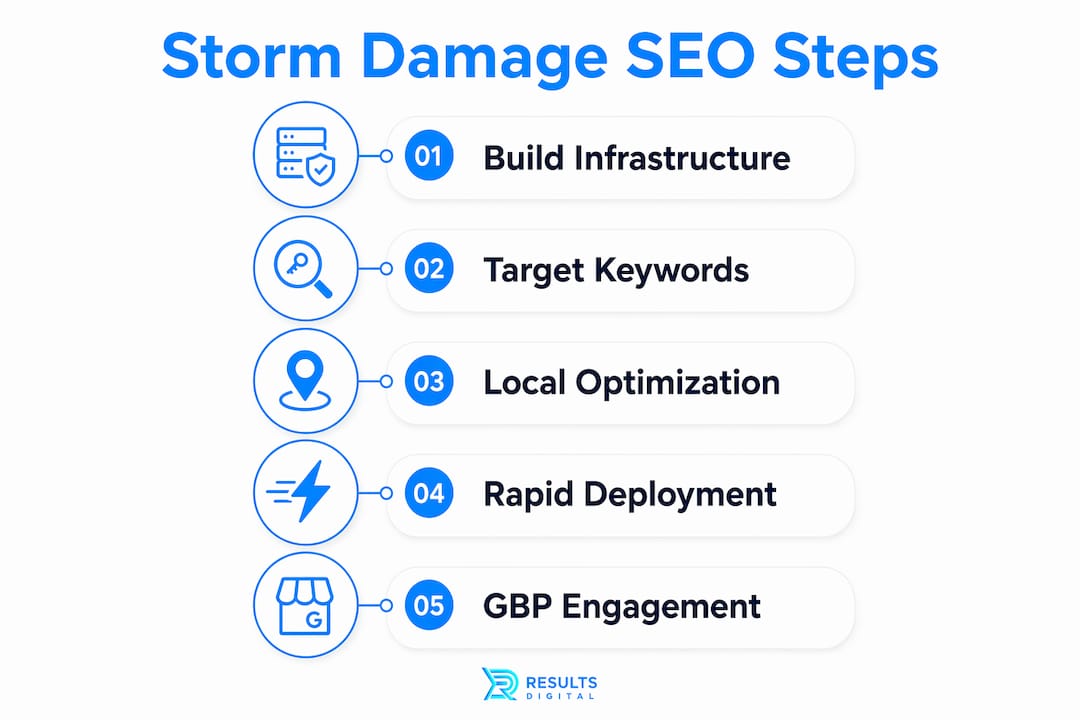 Infographic depicting storm damage SEO strategy steps