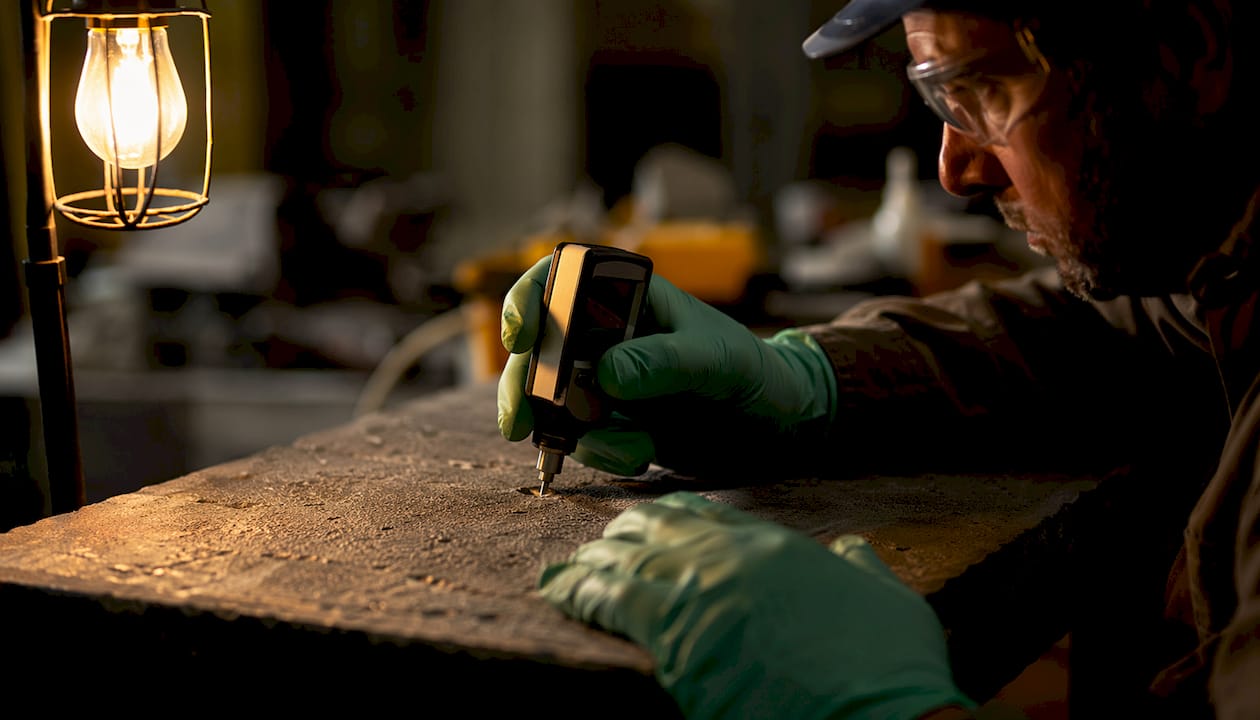 Inspector measuring surface profile on steel beam